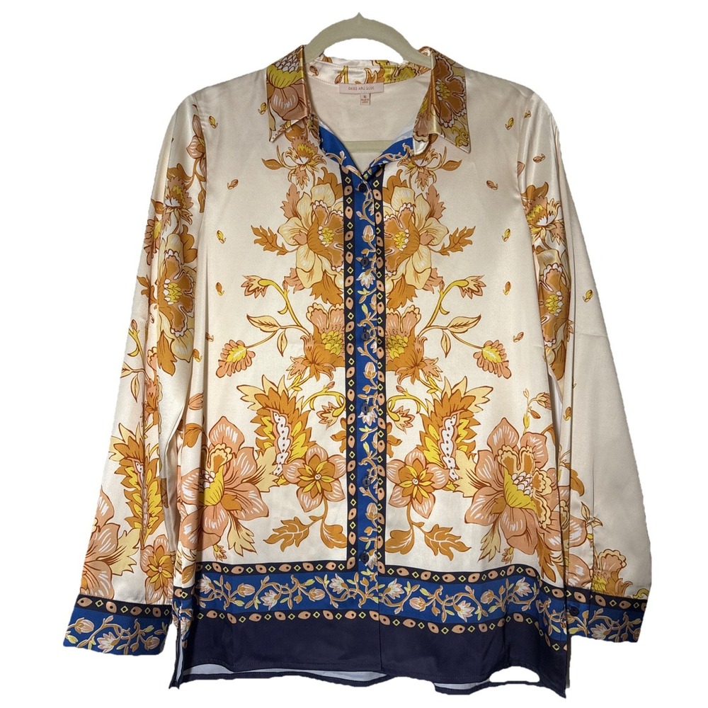Skies Are Blue Button Down Women's Cream Floral Border Print Excellent Sz Med